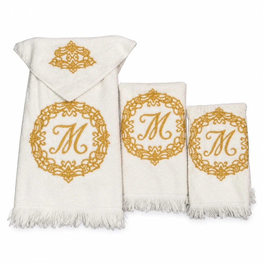 Vintage Ivory Monogrammed Towel Set Gold Letter M Fringe Guest Hand Towels